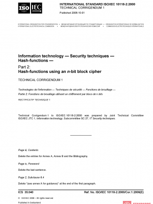 ISO/IEC 10118-2:2000/Cor 1:2006 PDF