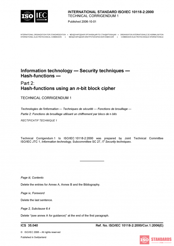 ISO/IEC 10118-2:2000/Cor 1:2006 PDF