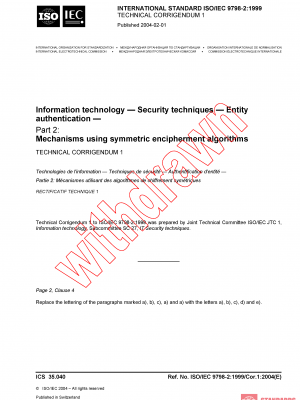 ISO/IEC 9798-2:1999/COR1:2004 PDF