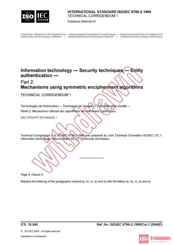 ISO/IEC 9798-2:1999/COR1:2004 PDF