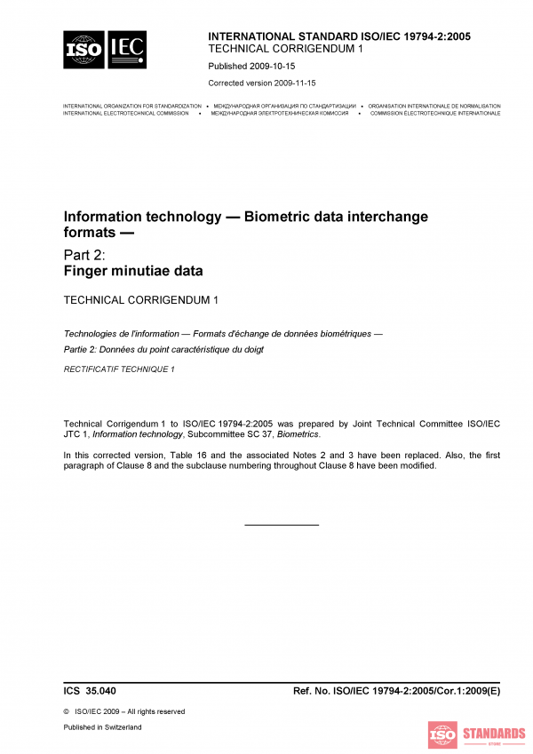 ISO/IEC 19794-2:2005/COR1:2009 PDF