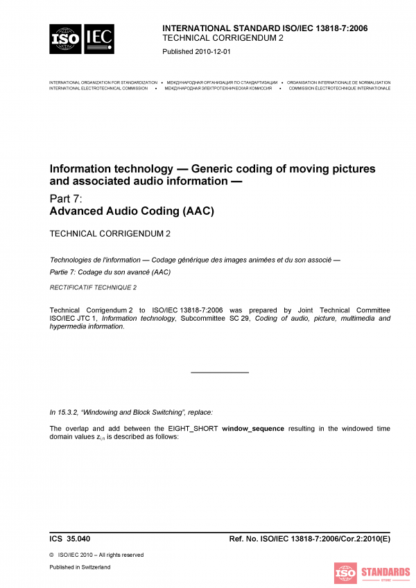 ISO/IEC 13818-7:2006/COR2:2010 PDF