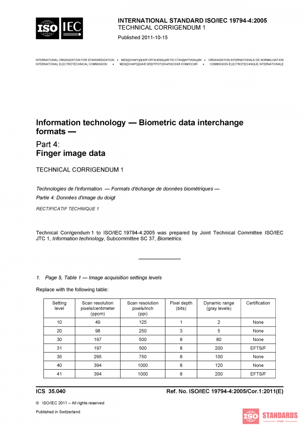 ISO/IEC 19794-4:2005/Cor 1:2011 PDF