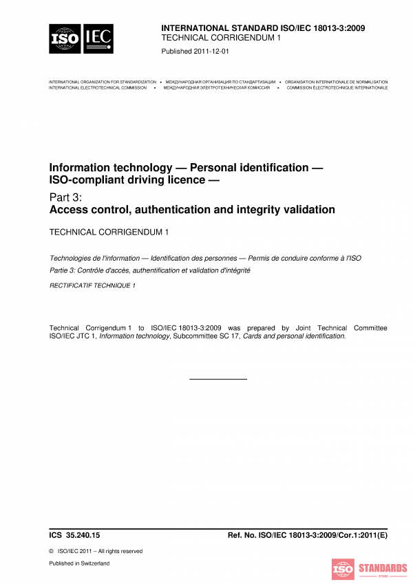 ISO/IEC 18013-3:2009/COR1:2011 PDF