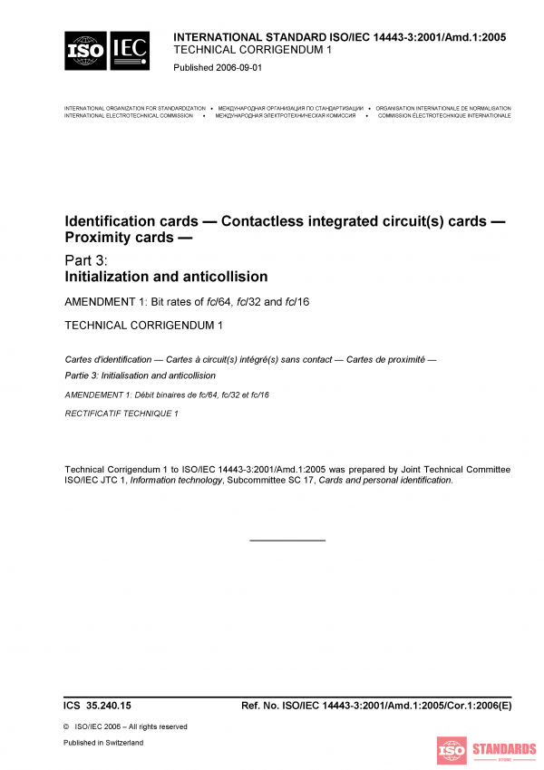 ISO/IEC 14443-3:2001/Amd 1:2005/Cor 1:2006 PDF