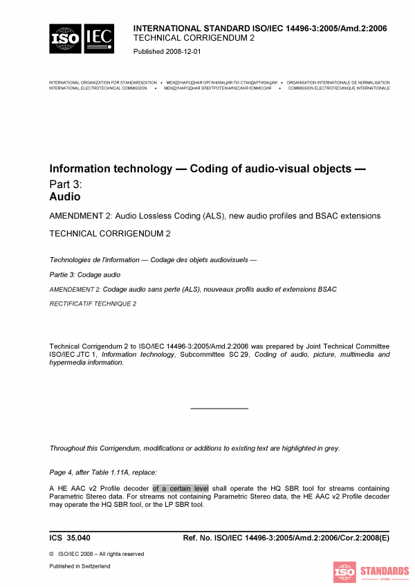 ISO/IEC 14496-3:2005/AMD2:2006/COR2:2008 PDF