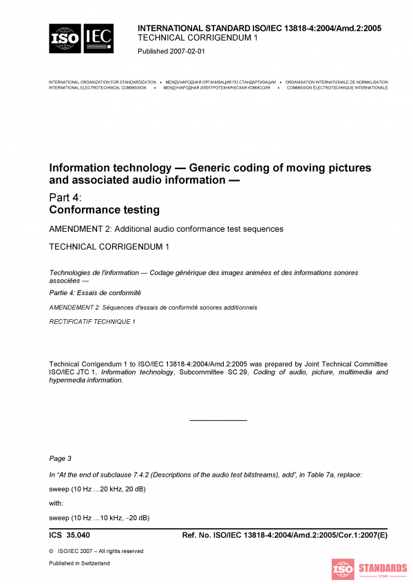 ISO/IEC 13818-4:2004/Amd 2:2005/Cor 1:2007 PDF