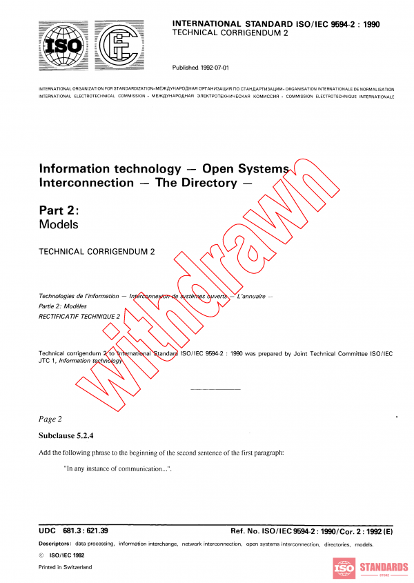 ISO/IEC 9594-2:1990/COR2:1992 PDF