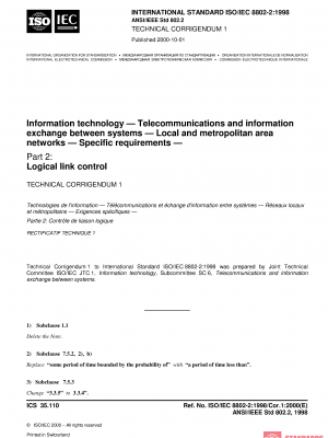 ISO/IEC 8802-2:1998/Cor 1:2000 PDF
