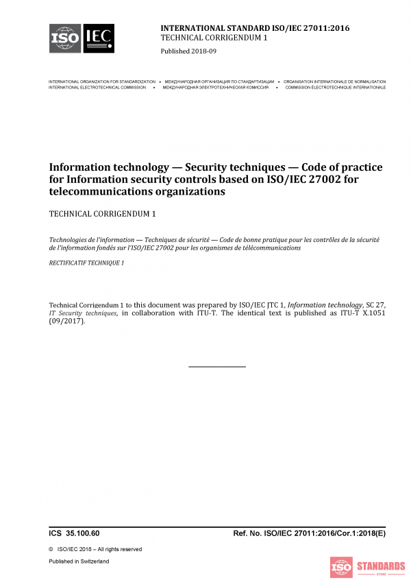 ISO/IEC 27011:2016/COR1:2018 PDF