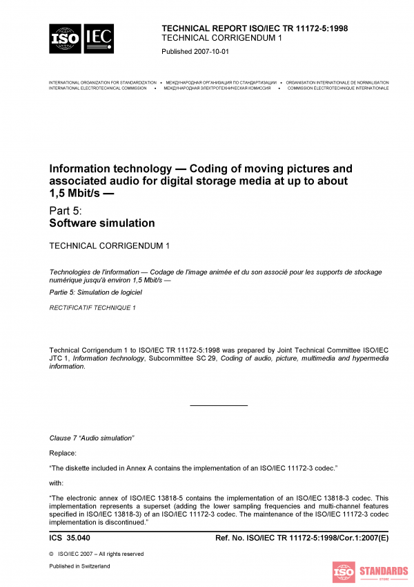 ISO/IEC TR 11172-5:1998/Cor 1:2007 PDF
