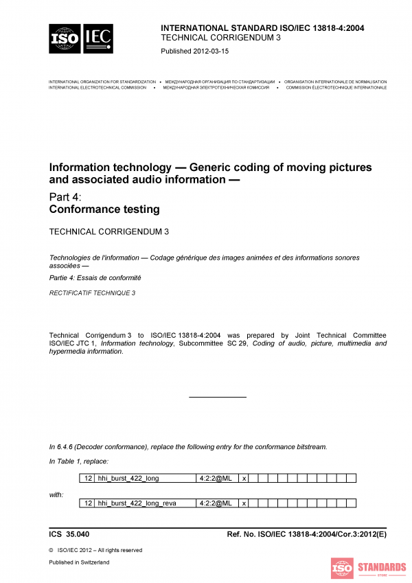 ISO/IEC 13818-4:2004/Cor 3:2012 PDF