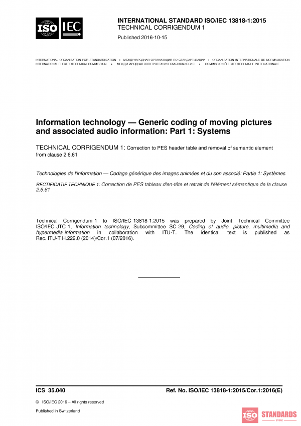 ISO/IEC 13818-1:2015/Cor 1:2016 PDF