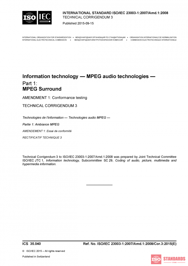 ISO/IEC 23003-1:2007/Amd 1:2008/Cor 3:2015 PDF